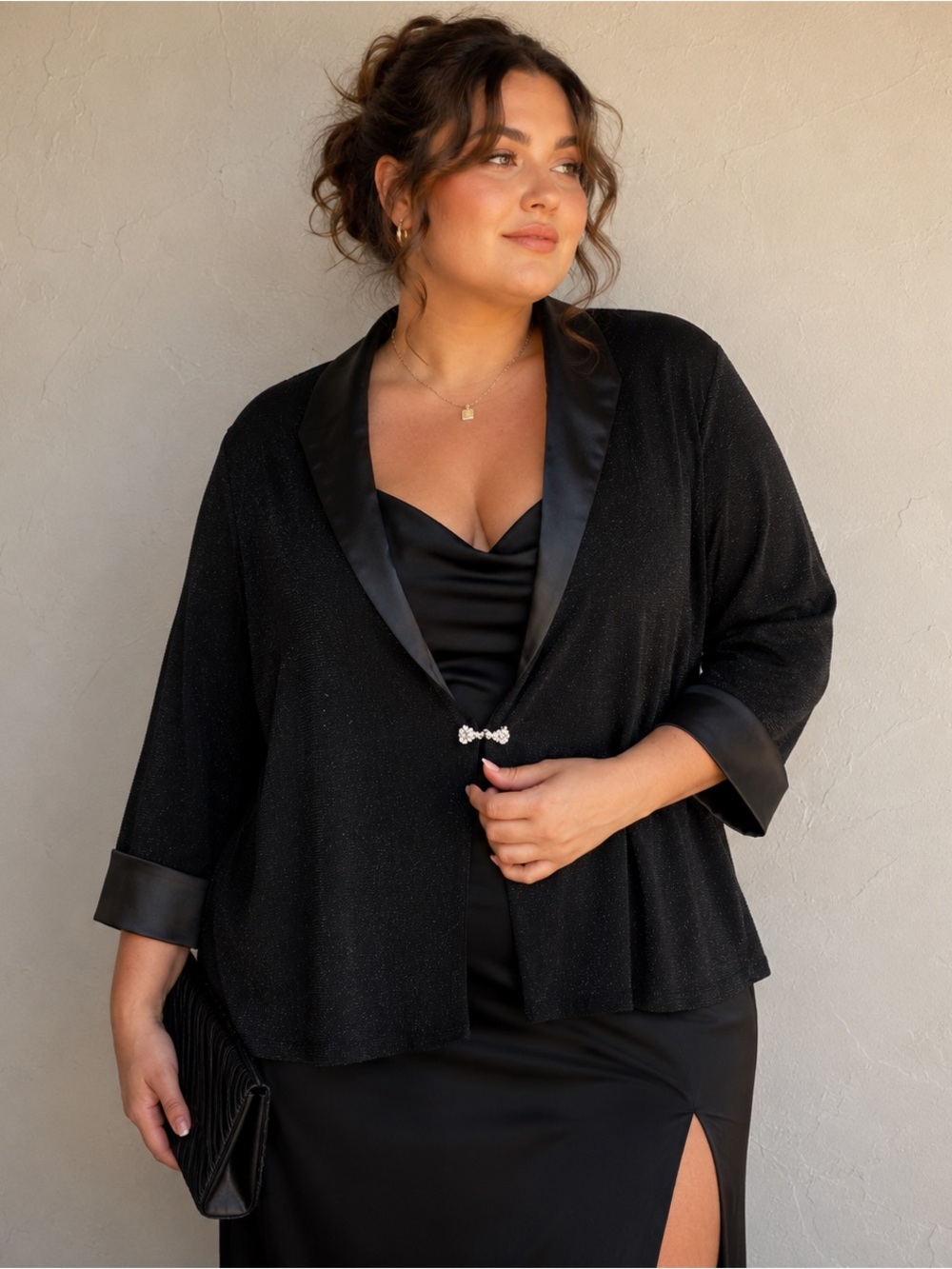 Alex Evenings Black Sparkle Evening Jacket Rhinestone Clasp‎ Glam Formal 1X